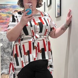 SHEIN Red and Black Geometric Tunic Top